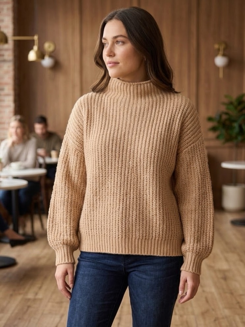 Rachel Zoe Chunky Ribbed Turtleneck Sweater in Camel